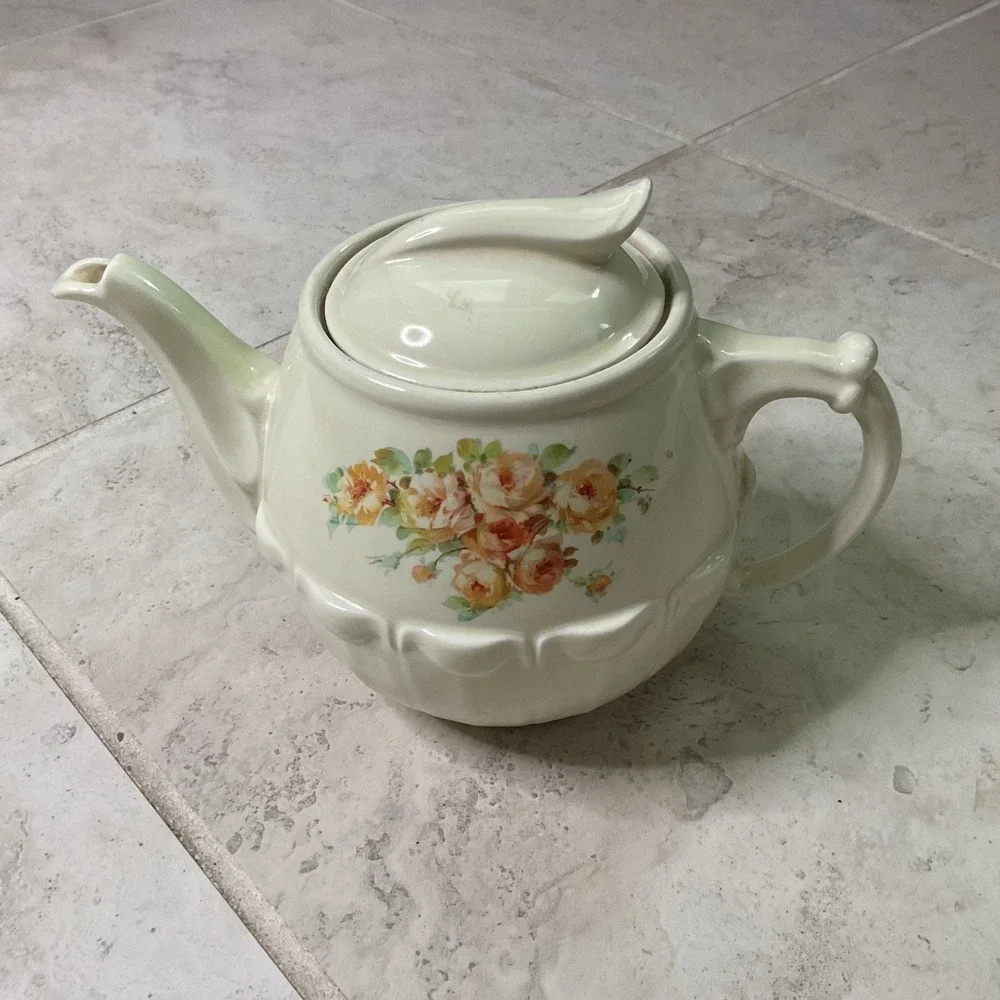 Vintage Enterprise Aluminum Co Drip-O-lator Ceramic Teapot Rose Floral Cream